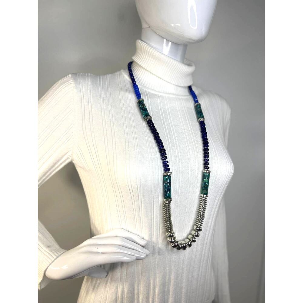 Chico's beaded necklace costume jewelry signed blue silver chunky turquoise